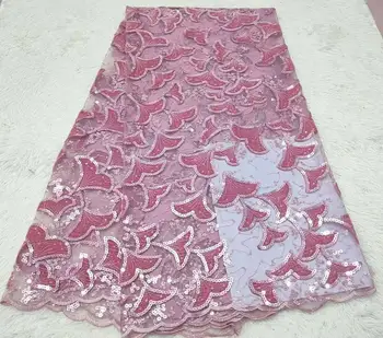 

French velvet Lace Fabric 2019 Latest African Guipure Lace Fabric With Embroidery Mesh Tulle White Cord Sequins Lace Fabric PINK