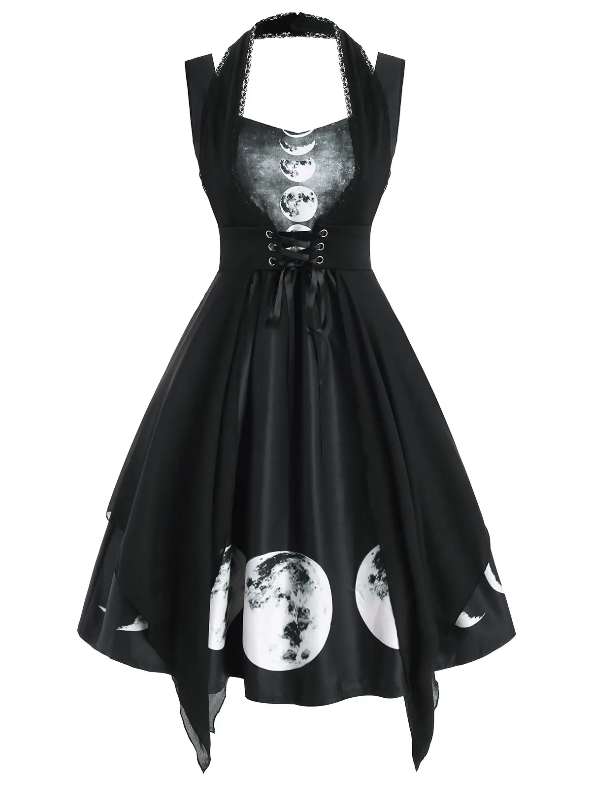 Wipalo Vintage Black Dress Sweetheart Lunar Eclipse Print With Lace Panel Corset Sleeveless High Waist Party Femme | Женская одежда