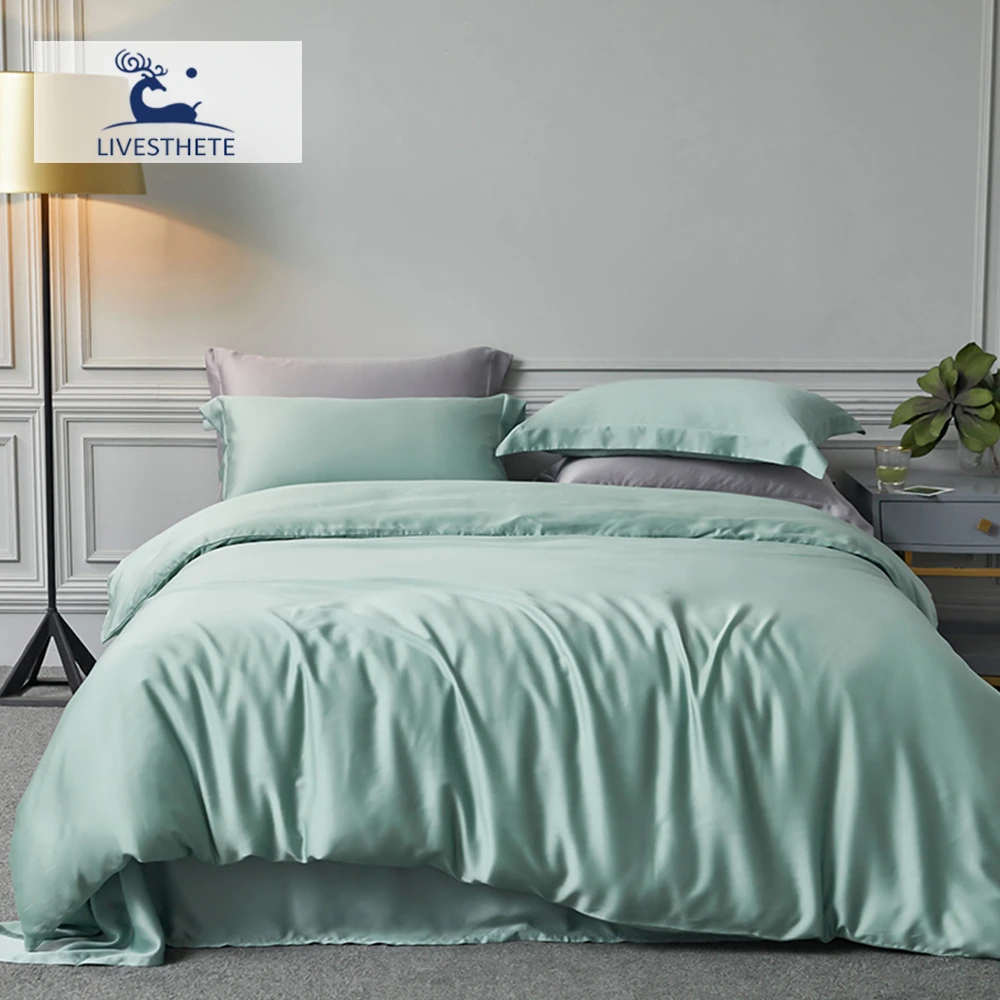 Liv-Esthete 100% Natural Silk Green Bedding Set Duvet Cover Flat Sheet Luxury Double Queen King Bed Linen Set For Family Sleep