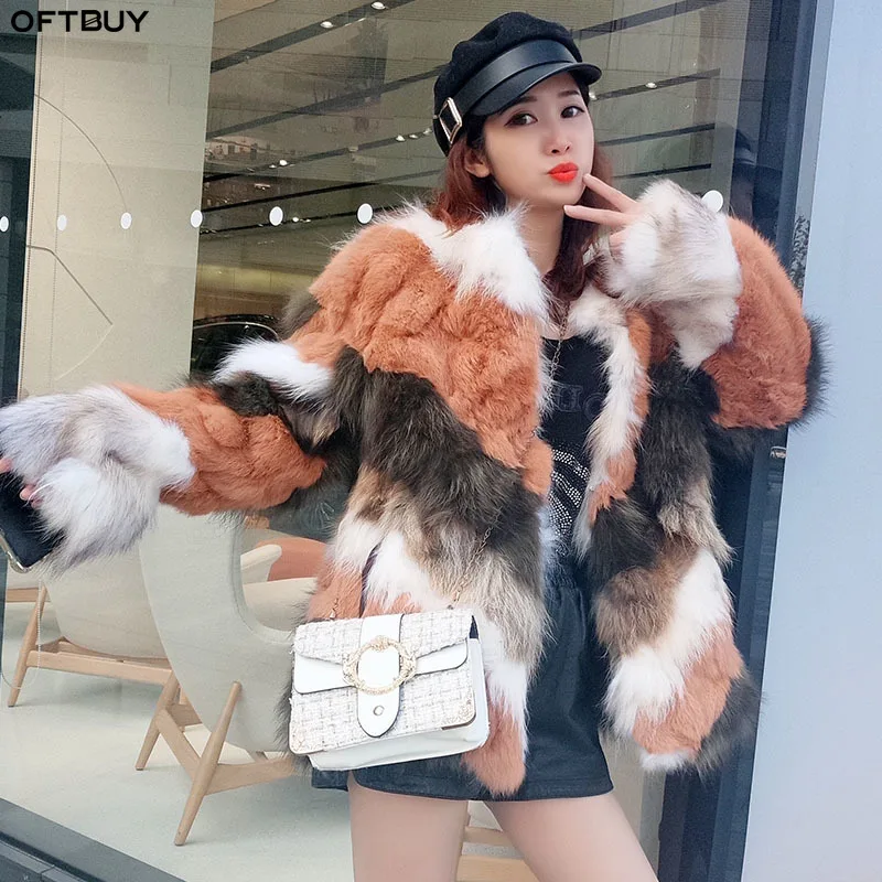 OFTBUY 2019 зимняя женская куртка натуральный мех Лисий Мех и кролика Рекс прошитая
