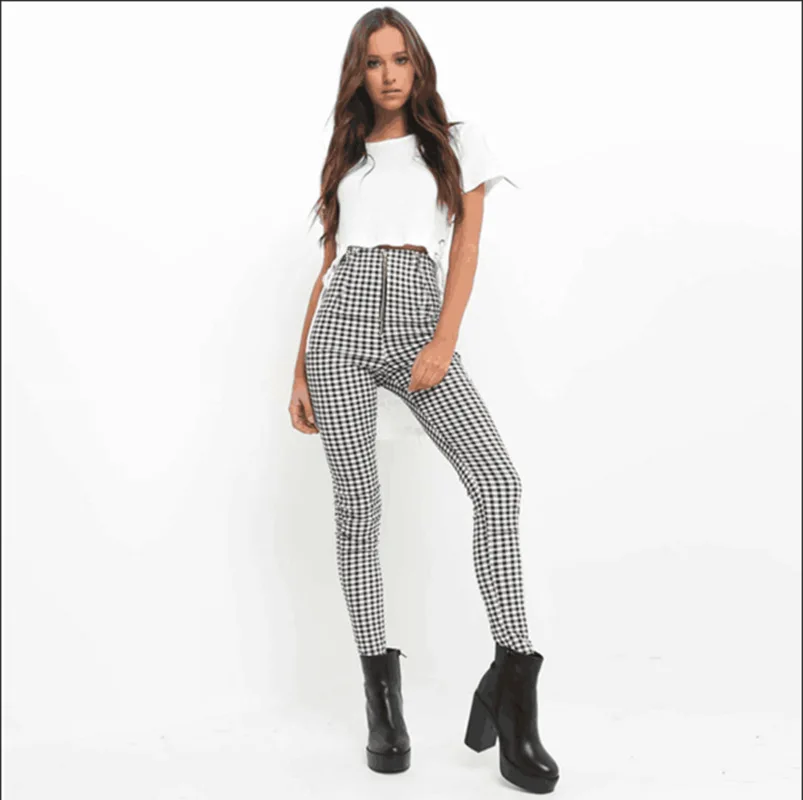 ZOGAA Spring Autumn Women Plaid Trousers High Waist Bottoms Pants Zipper Checkered Pencil Female Clothing size S-XXL | Женская одежда
