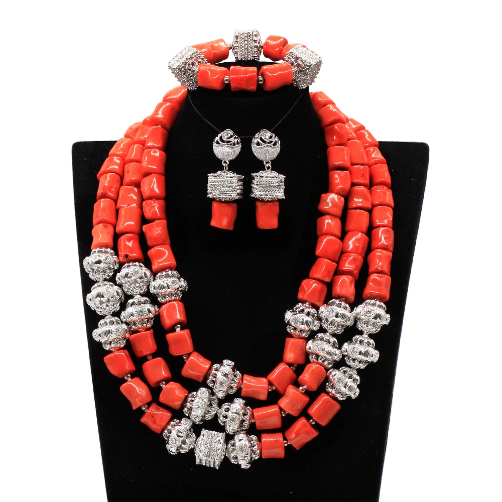 Fashion 3 Layers Original Natural Coral Beads Necklace African Silver Ball Jewelry Set Women Drop Earrings Wedding FT102 | Украшения и