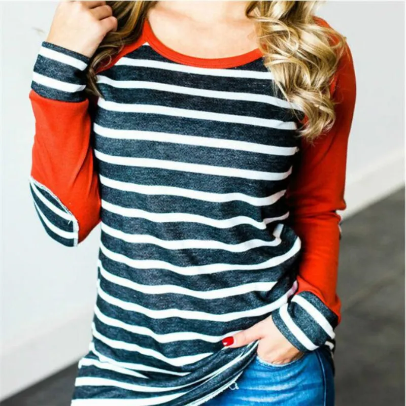 

2019 New Casual Long Sleeve Cotton T Shirt Women Stripe Splicing Autumn Loose T-Shirt Tee Tops