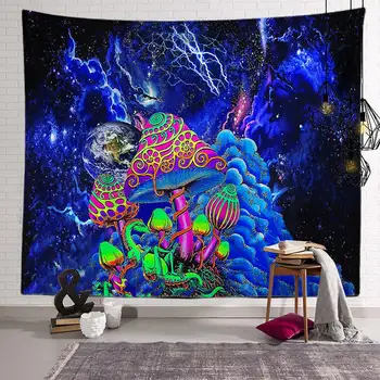 

Blue Mushroom Hippie Background Cloth Sunscreen Muslin Sleeping Wall Cover Trippy Tapestry Wall Hanging Wall Decoration