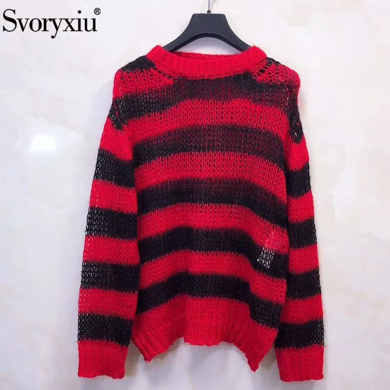 

Svoryxiu Designer Autumn Winter Black Red Stripe Sweater Pullovers Women's Long sleeve Casual Loose Mohair knitting Jumper