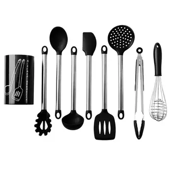 

9pcs Silicone Kitchen Utensils Set Stainless Steel Handle Spatula Spoon Cooking P0RE