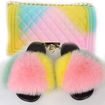 

Fashionable Fox Fur Slides and Bag Set Ladies Slippers Beautiful Sexy Elegant Casual Fluffy Sandals Soft Furry Women Shoes