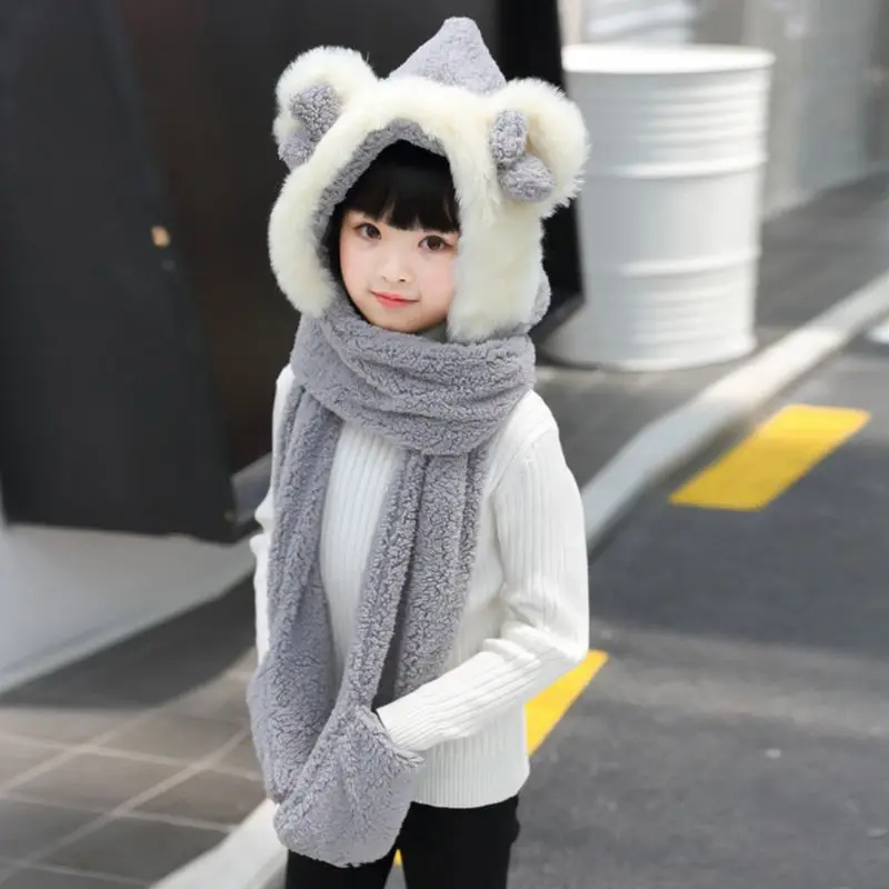 Дети 3 в 1 теплая плюшевая зимняя шапка милый бант Медведь шарф с концами в виде ушек перчатки Толстовка шапка