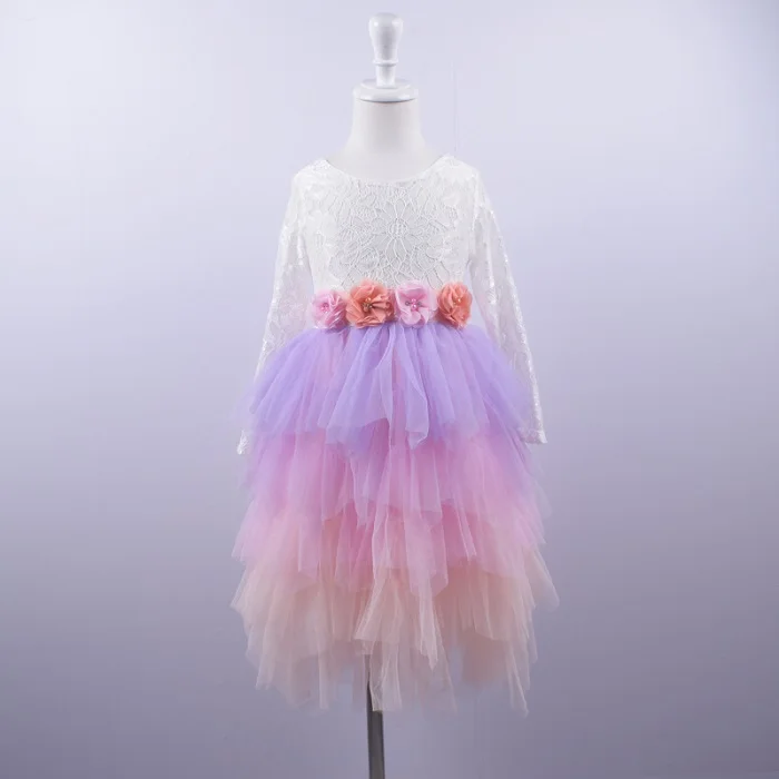 purple gradient 2 предмета; кружевное платье-пачка с открытой спиной для девочек; детское многослойное платье с длинными рукавами для девочек; платье для свадебной вечеринки; платье для хеллоуина; платье с цветочным поясом - Цвет: purple gradient