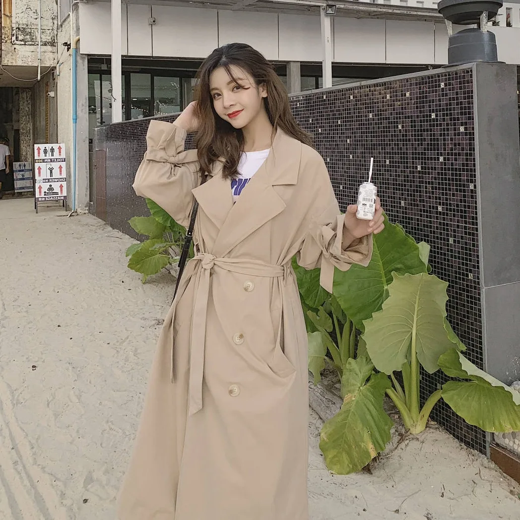 

Photo Shoot Korean-Style CHIC Drape Ol Khaki Mid-length Suit Collar Double Breasted Waist Hugging Lace-up Trench Coat Women's