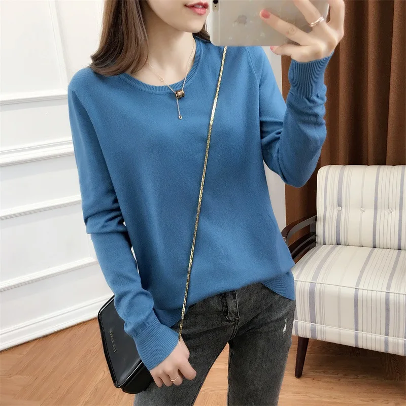

Spring And Autumn New Pullover Round-collar Sweater For Women Loose And Lazy Korean Knitted Bottom Blouse O-neck Womens Winter
