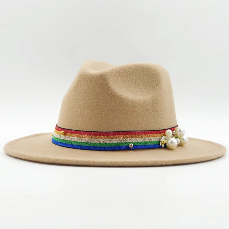 Новая женская и Мужская шерстяная шляпа Fedora с жемчужная лента джентльмен элегантный Леди Зима Осень широкие полями церкви Панама Sombrero джаз шляпа