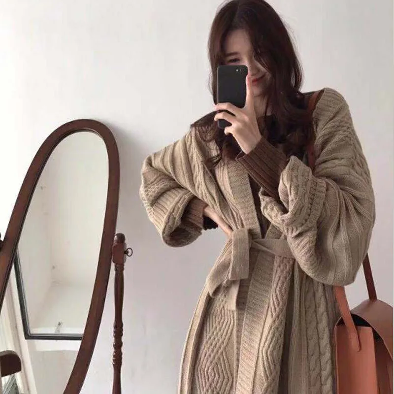 Light brown Зимний вязаный витой кардиган, женский свитер, на шнуровке, с длинным рукавом, винтажные свитера для девушек, осень, свободные кардиганы с поясом - Цвет: Light brown