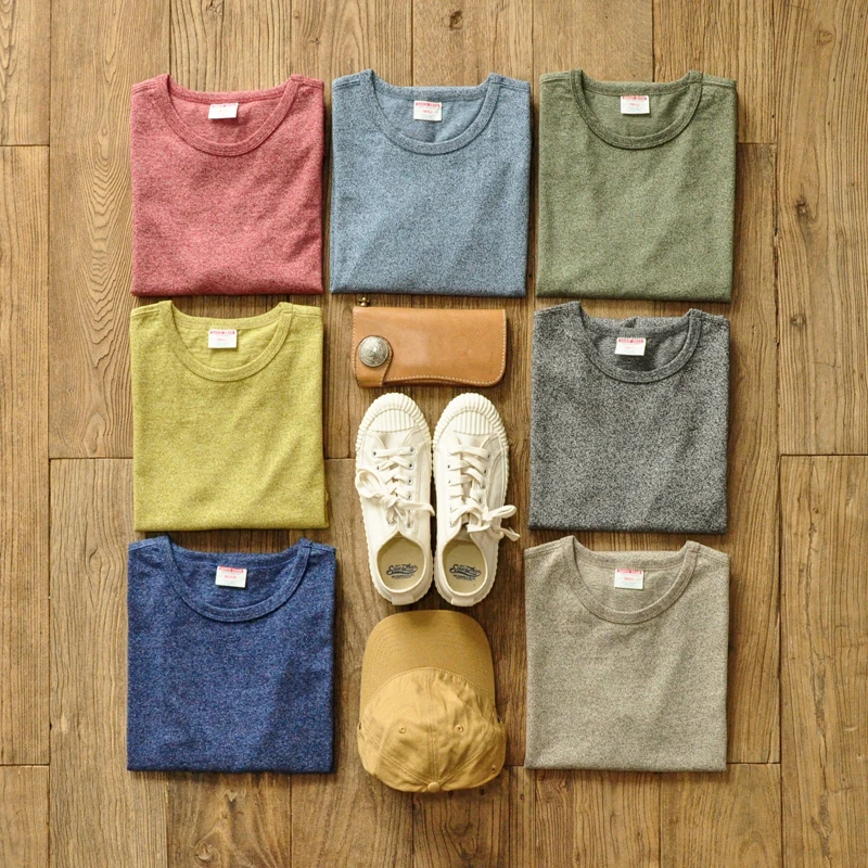 SauceZhan-세 바늘 강화 컬러 방적사 티셔츠, 여름 남성 코튼 반팔 후추 소금 티셔츠