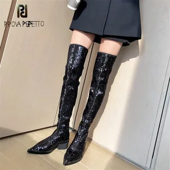 

Prova Perfetto Thigh-high Boots Bling Glitter Women Long Boots Sexy Model Lady Pointed Toe Over-The-Knee Boots Women Shoes 2020