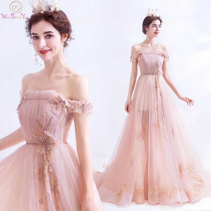 light pink off the shoulder prom dress