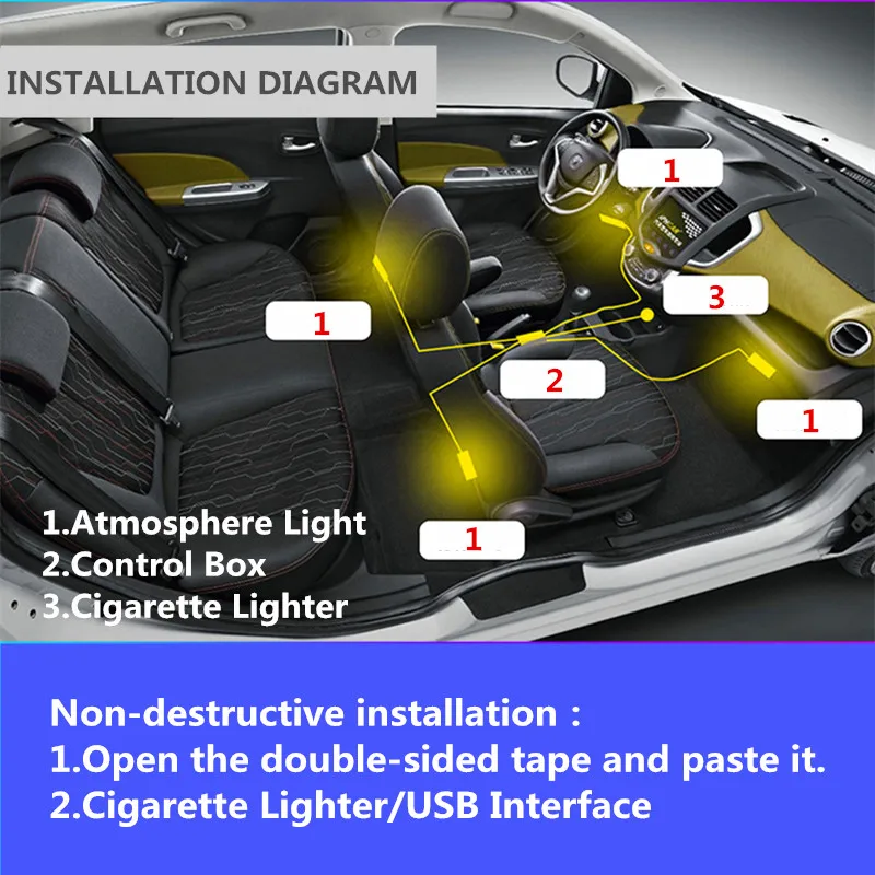 10 в 1 Автомобильный светодиодный RGB EL неоновый светильник, звуковой активный автомобильный интерьерный светильник, Многоцветный Bluetooth, для управления телефоном, 12 В, атмосферный светильник