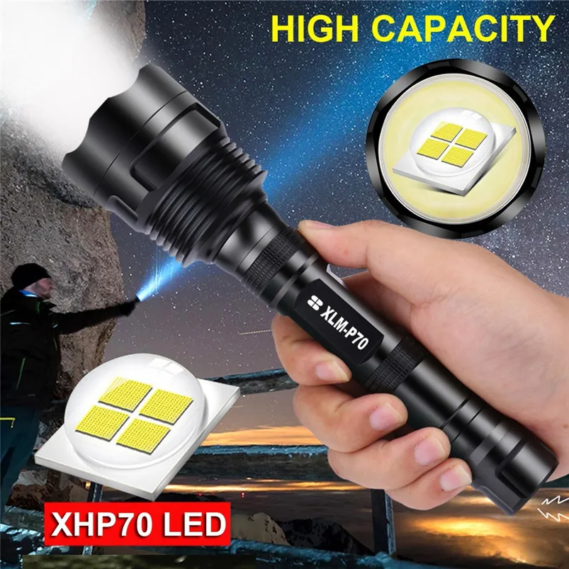 Powerful LED Torch Flashlight XHP70 Torch Rechargeable Waterproof Lamp Ultra Bright Aluminum alloy Lanterna 40OCT1801