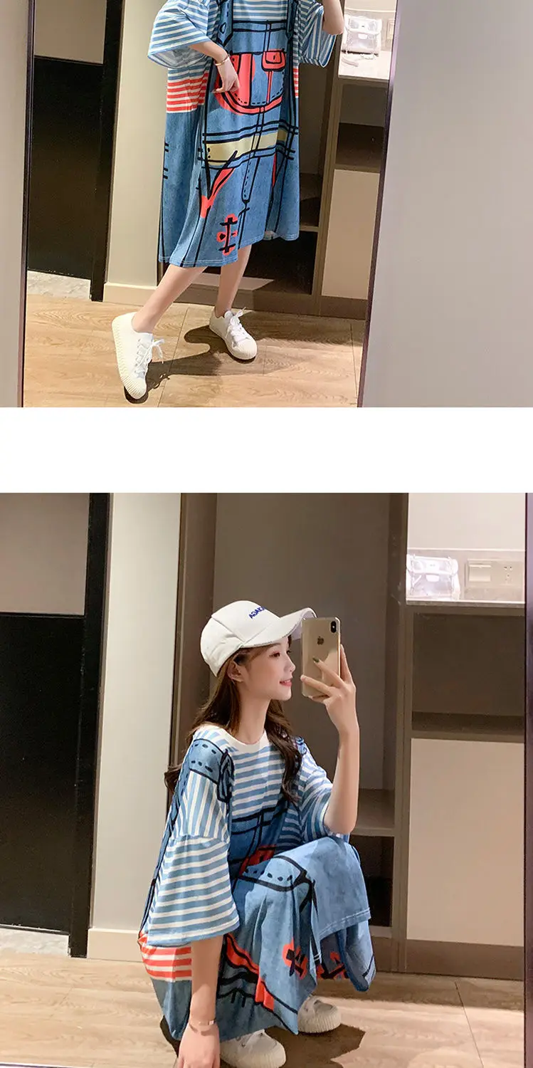 Dress Women Striped Cartoon Printed Oversize Hot Selling Long Dresses Graphic Ulzzang Female Lovely Chic Streetwear Popular Maxi