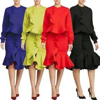 

BGW 2021012ht Jersey Two Pieces Ruffle Cocktail Dresses Long Sleeves Four Colors Robe De Cocktail Courte 2020