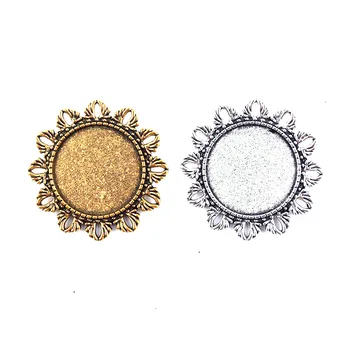 

5pcs/lot 2 Color Plated Alloy Round Brooches Base Setting 25mm Round Glass Pattern Cabochon Stone Small Flower Surround Circle