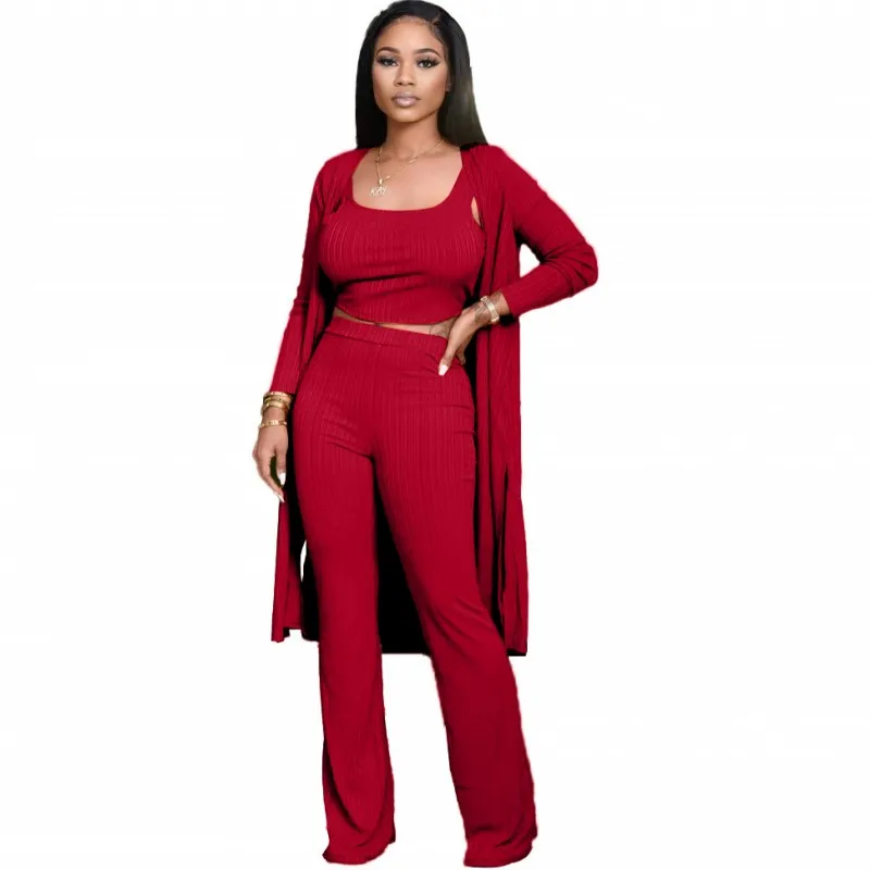 Женский комплект из 3 предметов в рубчик Длинная накидка с топом на бретелях и