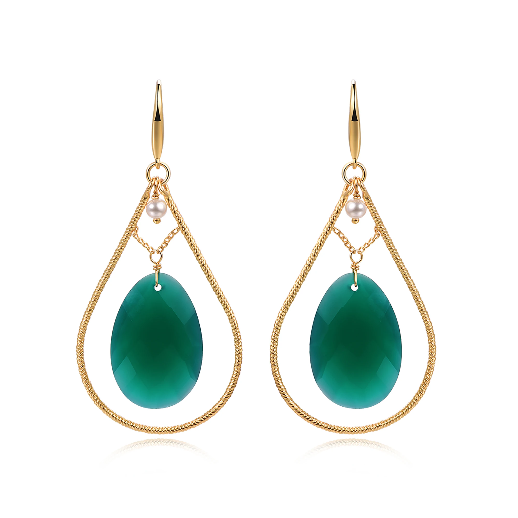 

Piara Teardrop Faceted Green Agate and Round Fresh Water Pearl Earrings Hooks, 925 Sterling Silver, Dangle Earrings