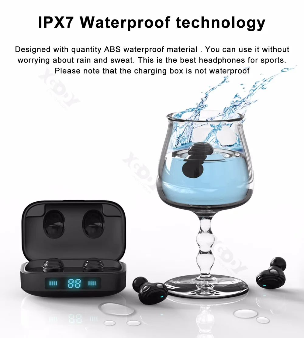XGODY True беспроводные Bluetooth наушники с переносной заряжающий чехол IPX7 водонепроницаемый и умный сенсорный наушник