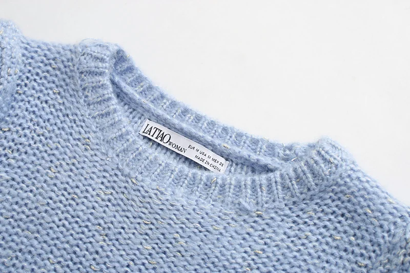 Модные женские свитера Za, осень, Винтажный дизайн в горошек, шикарный вязаный пуловер с круглым вырезом и пышными рукавами, Свободный вязаный женский свитер