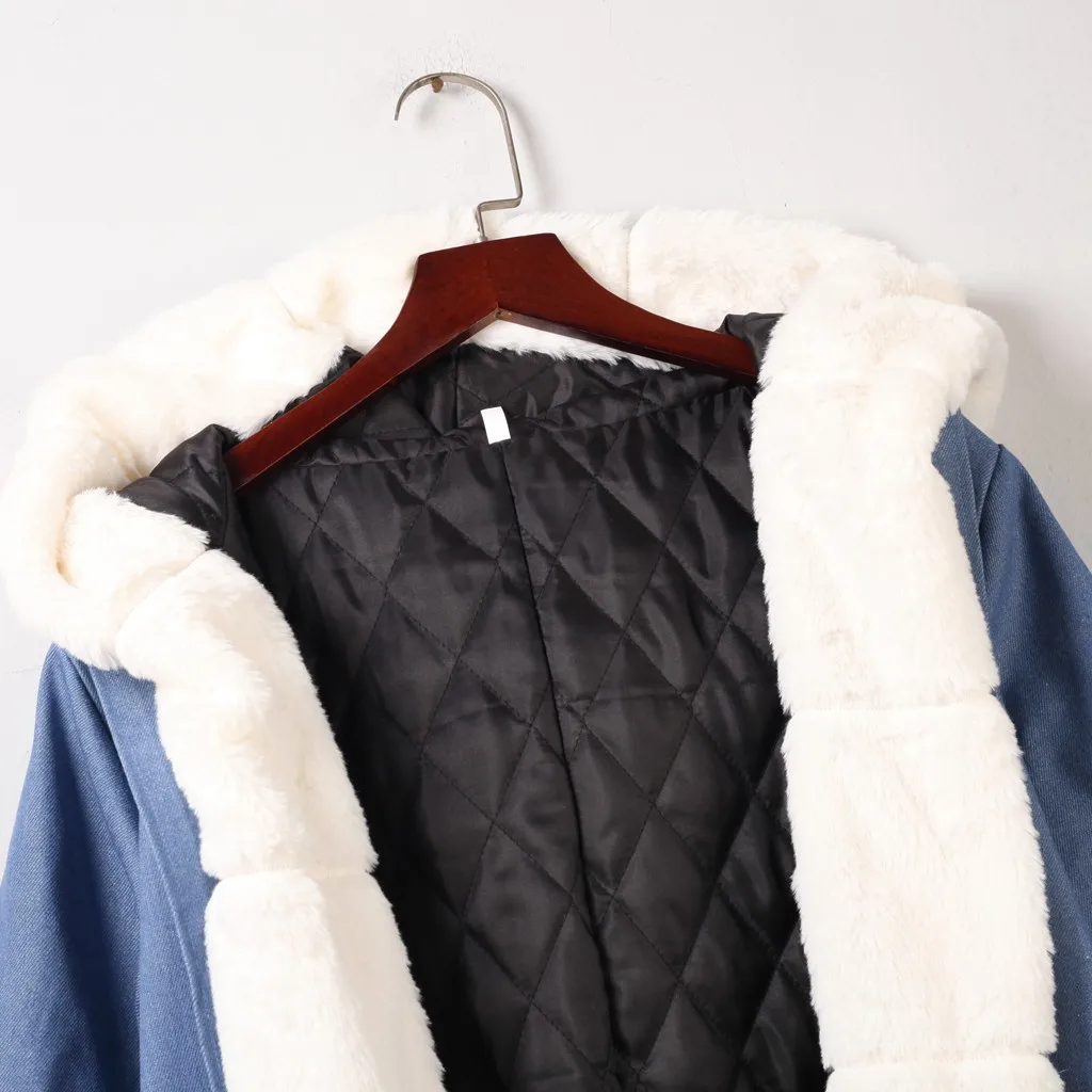 Womail/флисовая зимняя джинсовая куртка с капюшоном; пальто с длинным рукавом; сезон зима ; Женская куртка; большие размеры