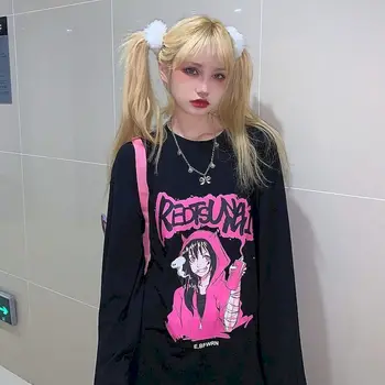 

anime tshirt long sleeve Harajuku tops t shirt womens clothes oversized t-shirt 2020 spring dark casual loose o-neck black tees
