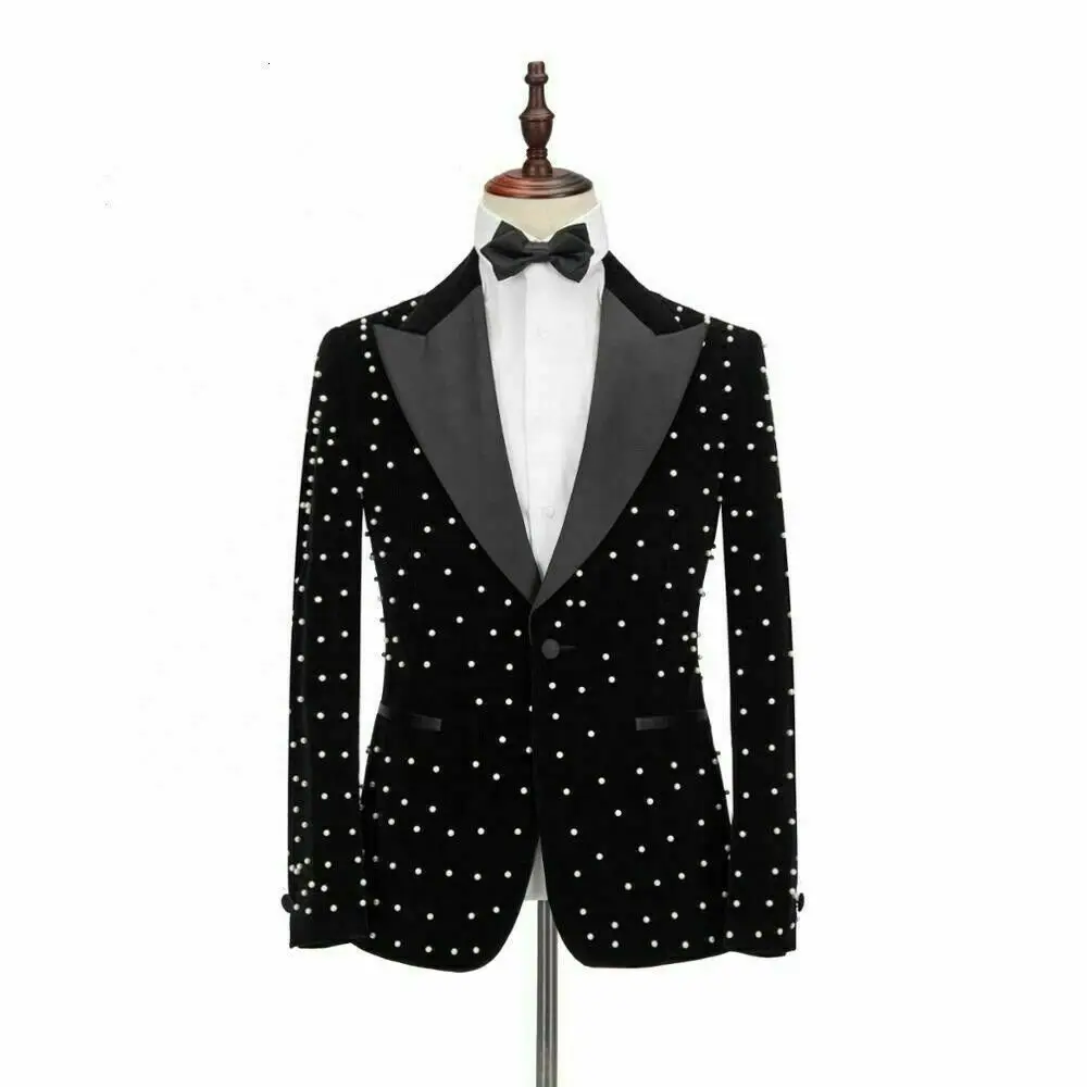 Pearl Beading Wedding Tuxedos Peaked Lapel One Button Mens Designer Jacket Formal Party Prom Wear (Jacket+Pants)