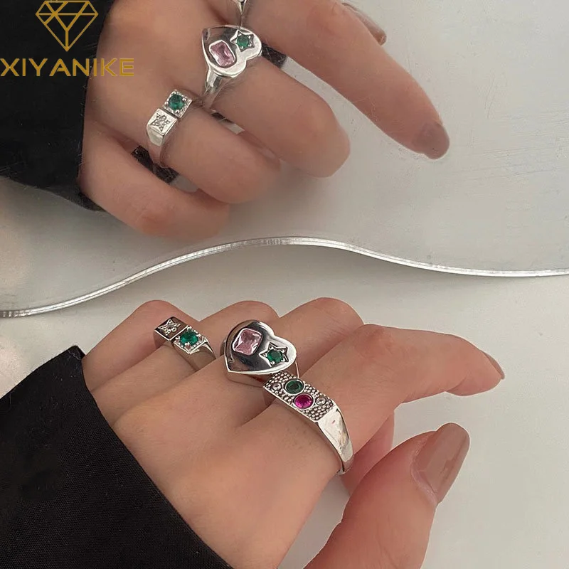 XIYANIKE Silver Color Star Love Heart Micro-inlaid Zircom Smooth Ring Women Fashion Sweet Style Exquisite Jewelry Party | Украшения и