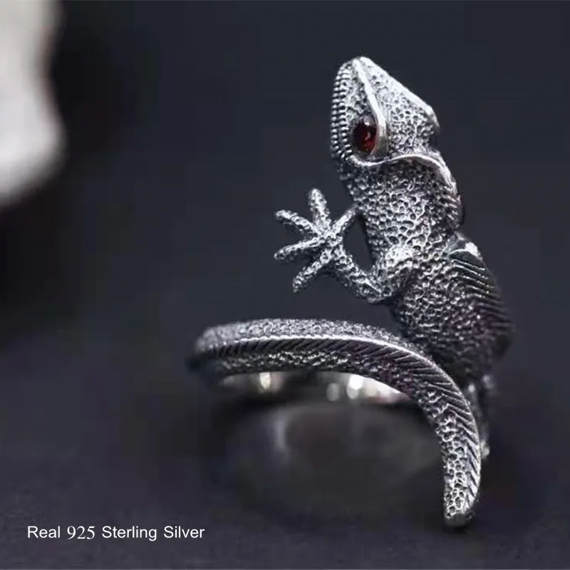 Silver Ring Buyee 925 Sterling Silver Male Big Ring Finger Elegant Lizard Open Ring for Men Women Fashion Unique Animal Fine Jewelry Circle