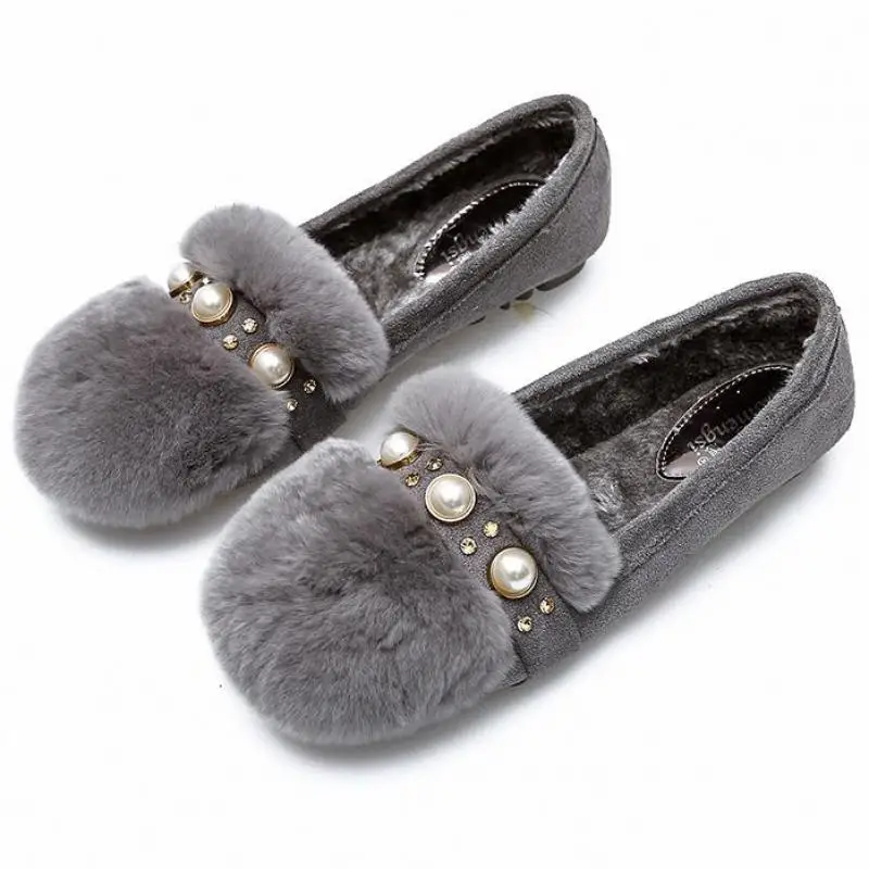 

Fur Warm Women Flats Shoes Plush Loafers Pearl Round Toe Genuine Leather Wool Lady Moccasins Large Size Autumn Winter Footwear