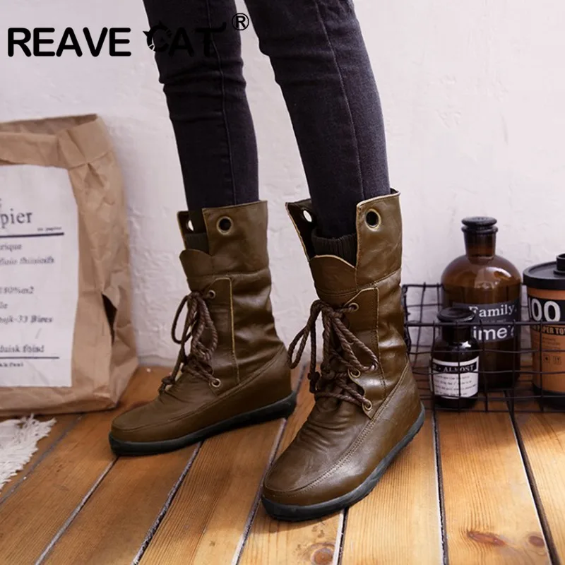 

REAVE CAT Women Ankle boots 2 Layer Leather lace up Cross-tied booties Round toe Platform Water proof Winter Autumn Big size 44