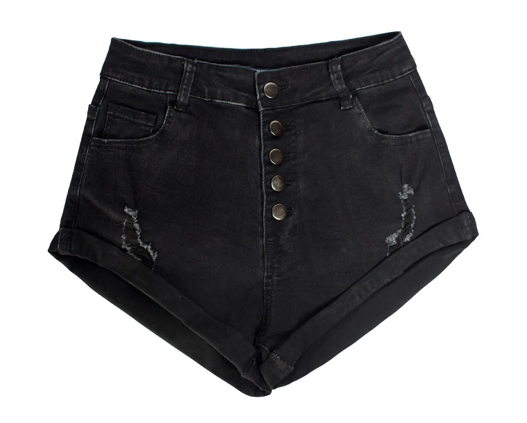 Womens Summer Black Elastic Denim Shorts Trendy Curling Single Breasted High Waist Jeans Female Wild Fasion Mini Shorts D495