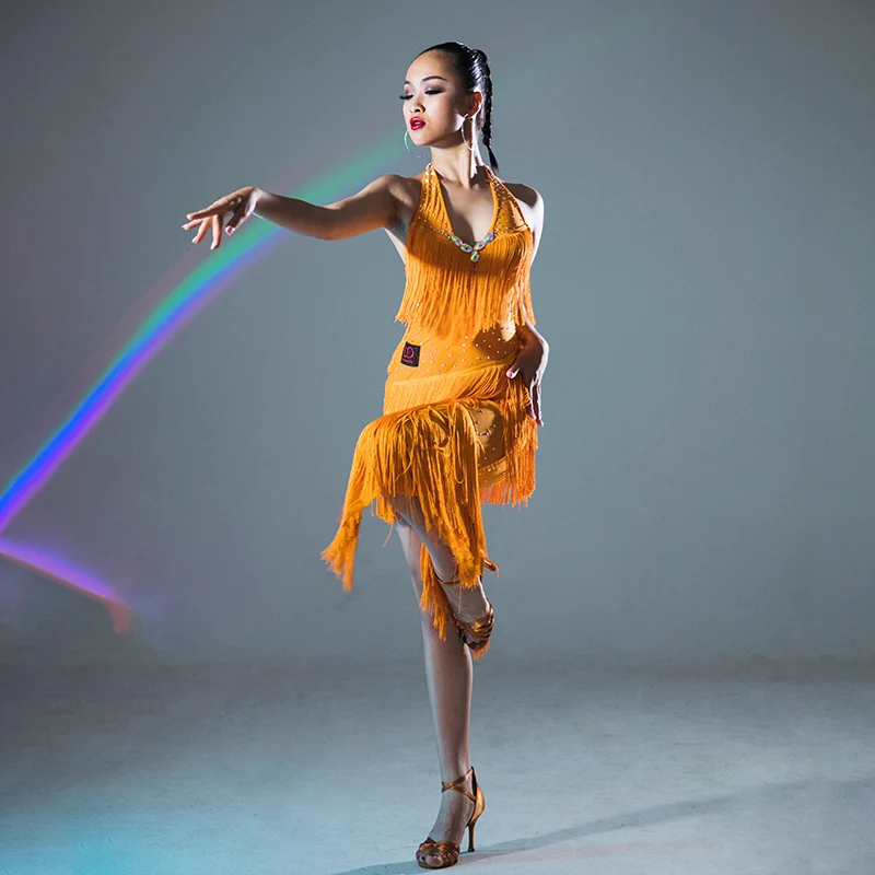 Сексуальное латинское танцевальное платье искусственный камень желтого цвета юбки с бахромой профессиональное соревнование платье бахрома костюмы сценическая одежда DQS2947