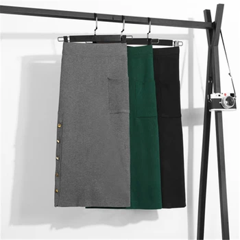 

Winter Knitting Solid Skirt Women A-Line Empire Mid-Calf Pocket Sweet Skirts Button High Waist Casual Korean Vintage Skirt