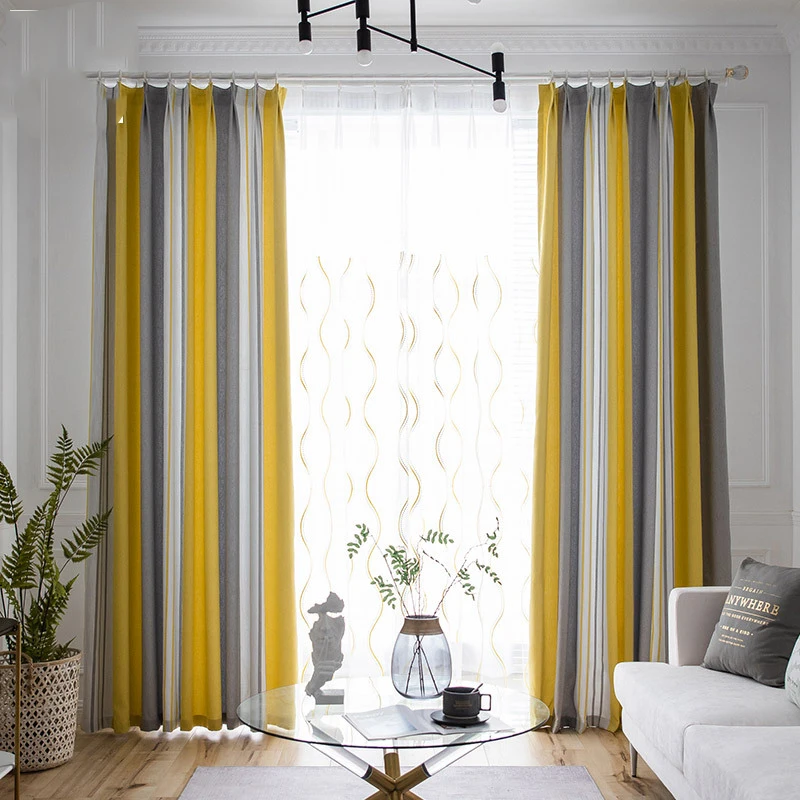 Modern Yellow Gray Weave Striped Window Blackout Bedroom Curtains Sheer Tulle Screen Curtains For Living Room Drapes Zh029 4 Curtains Aliexpress