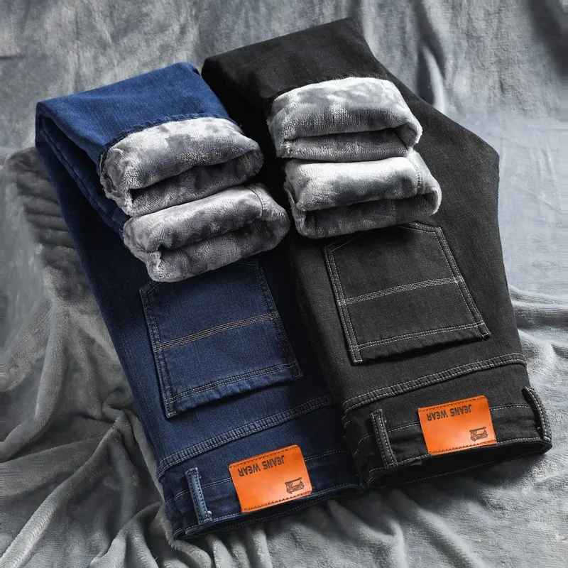 Джинсы мужские облегающие теплые брюки из денима стрейч на флисе деловой стиль