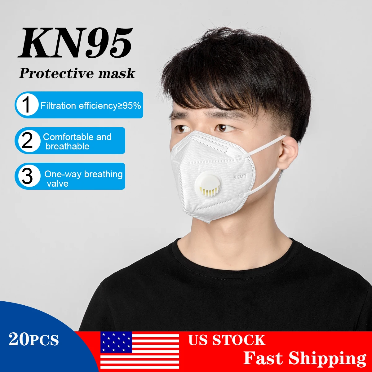 

20pcs KN95 Valve Mask 5 Layer N95 Protective Masks Particulate Respirator PM2.5 Protective Safety Same As KF94 FFP3