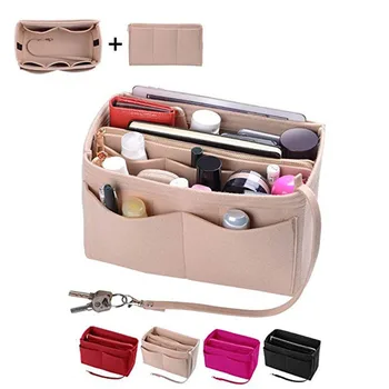 HHYUKIMI Brand Make up Organizer Felt Insert Bag For Handbag Travel Inner Purse Portable Cosmetic Bags Fit Various Brand Bags tanie i dobre opinie 34CM Fashion Solid Cosmetic Cases 17cm 18cm 380g OPEN Makeup Bag