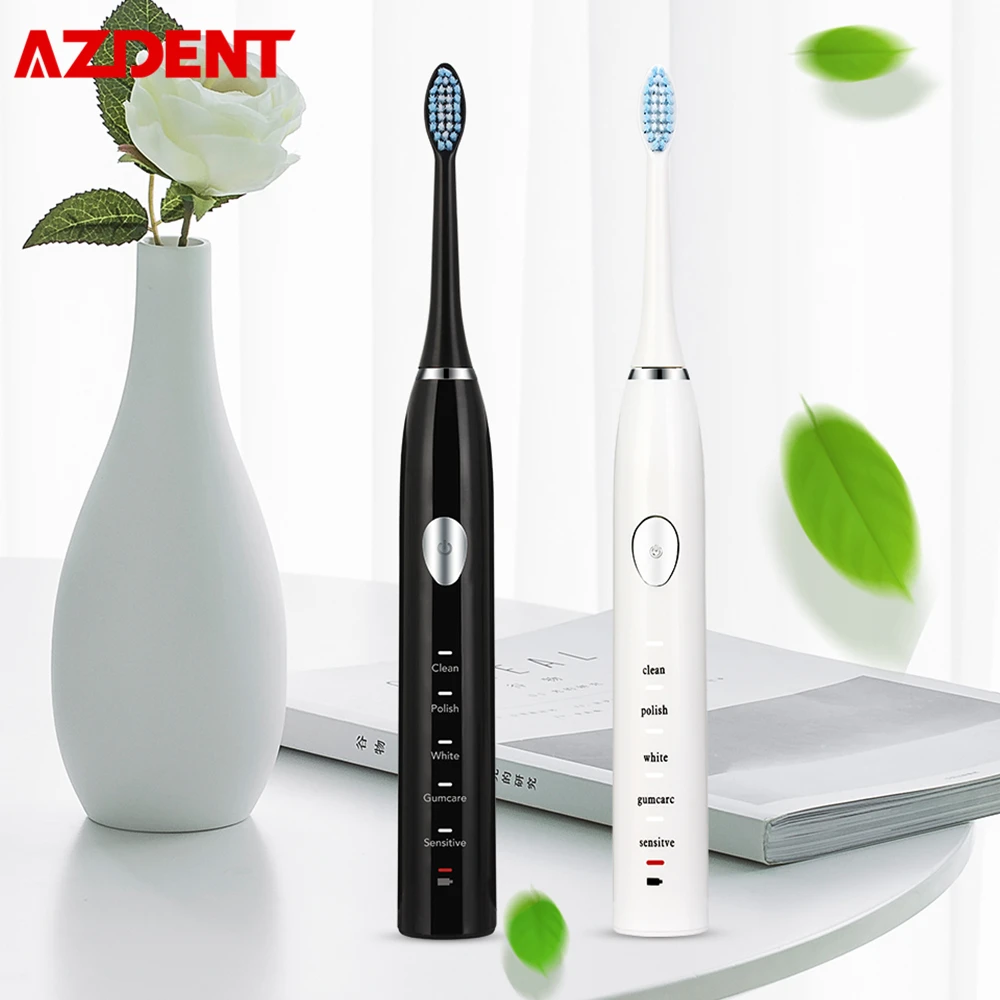 

AZ-8 5 ModeS Sonic Electric Toothbrush USB Rechargeable Waterproof Teeth Cleaner 4 Heads 30S Reminder 2 min Shutdown Black White