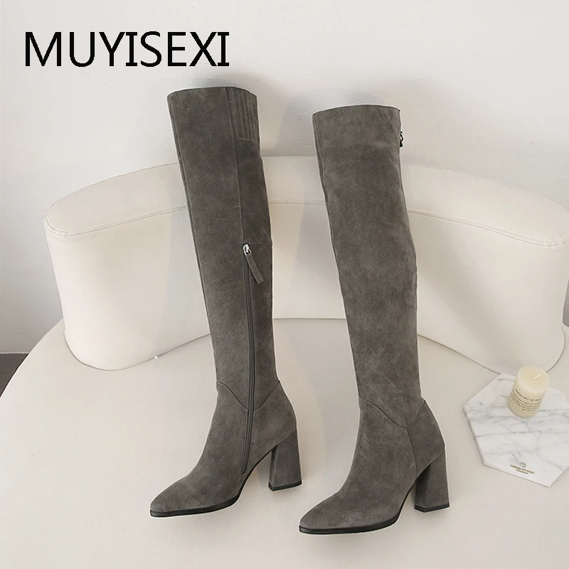 Najtaniej Szary seksowny szpiczasty nosek na buty do kolan 8cm szpilki zimowe zakolanówki czarne zamszowe damskie zimowe buty LDI13 MUYISEXI