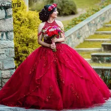 Бургундия Тюль бальные платья жемчужина шеи стиль аппликации с бисером и блестками Тюль Abendkleider сладкий 16 платье для выпускного вечера