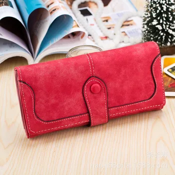 

2019 ladies' purse fashionable medium and long style retro scrub spliced magnetic buckle PU leather design cute wallet handbag