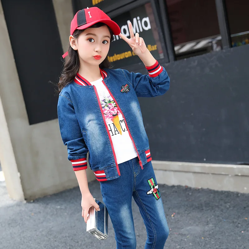 

2019 Autumn New Style CHILDREN'S Three-piece Suit Girls Big Boy Korean-style Fashion Bees Cartoon Denim Suit Fashion