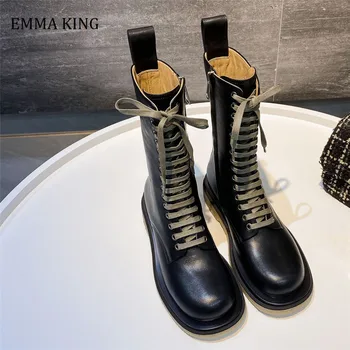 

2020 Women's Nature Leather Ankle Boots Woman Cross Lace Up Knight Boots Autumn Casual Flat Women Shoes Motorcycle Botas Mujer