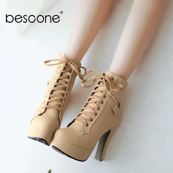 

BESCONE Platform Women Mid-Calf Boots Comfortable Round Toe Lace-Up Square Heel Shoes Winter Solid Microfiber Ladies Boots BM310